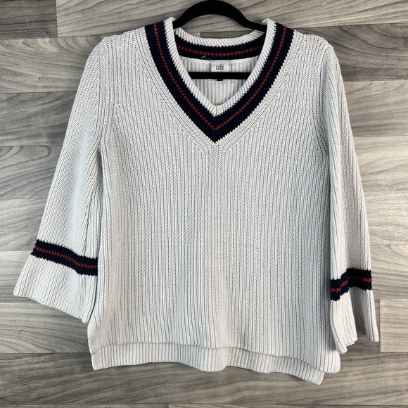 CAbi Sweaters - Cabi Pullover Sweater Women S White Striped 3/4 Flare Sleeve V Neck Cotton Blend